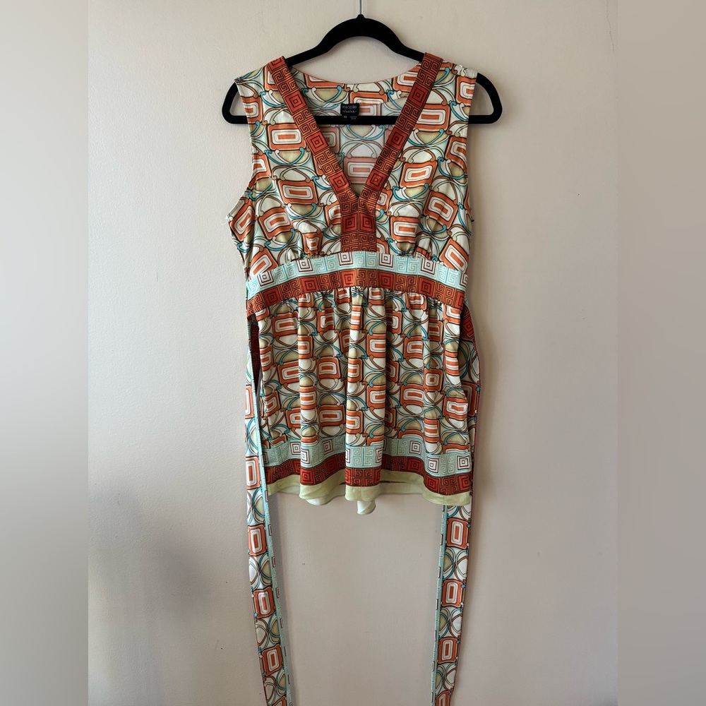 100% Silk Nicole Miller Geometric Print Sleeveless Top - Orange and Cream